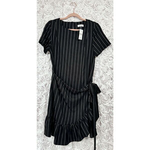 NWT Barneys New York Black Pinstripe Dress Size Medium Faux Wrap Dress W/ Ruffle